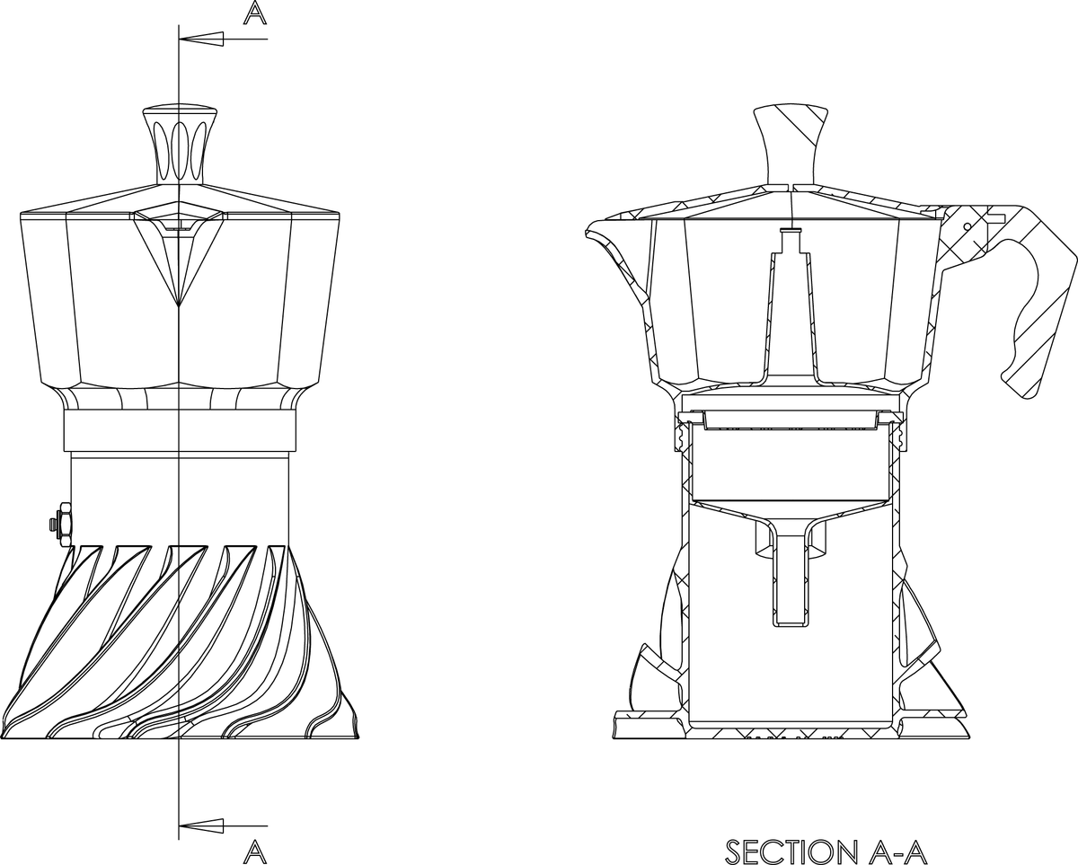 Cross-section diagram of the Turbo Moka 3-cup showing the extended funnel and finned turbine base