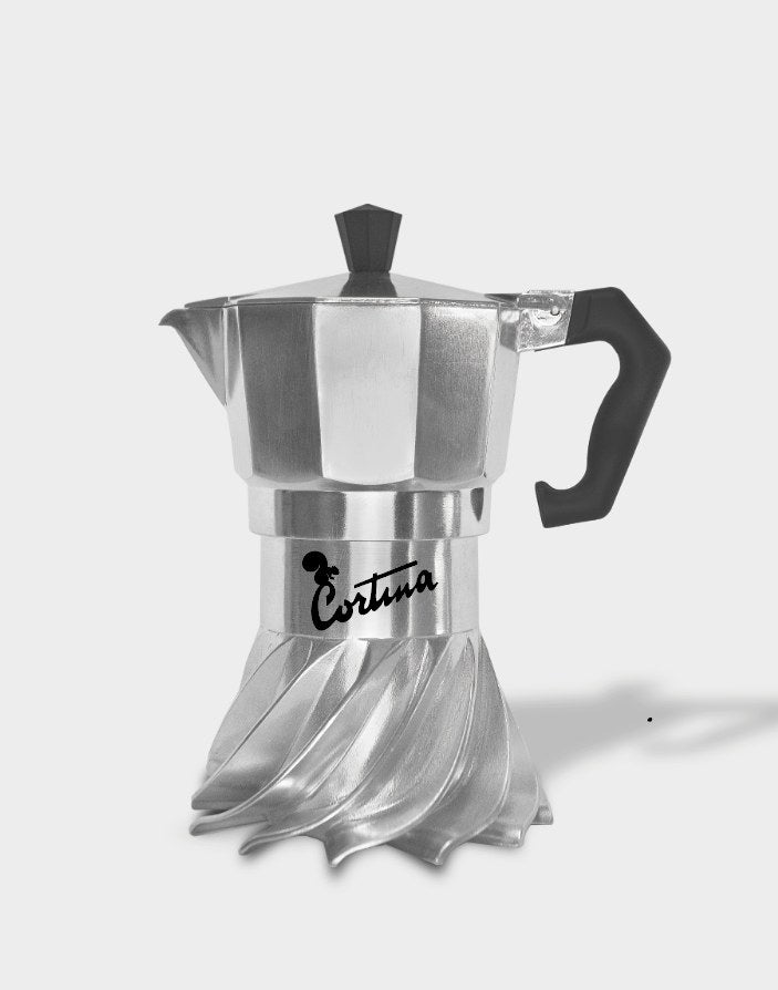 Turbo Moka Cortina d'Ampezzo Edition 3-cup moka pot, polished aluminium with turbine-finned base, on a white studio background