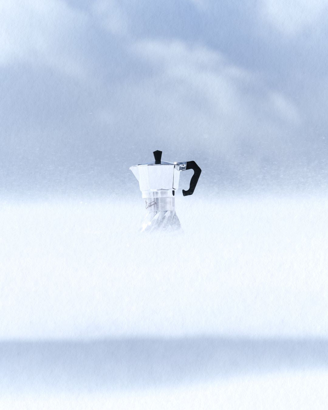 Turbo Moka Cortina Edition standing upright in fresh snow in soft white winter light