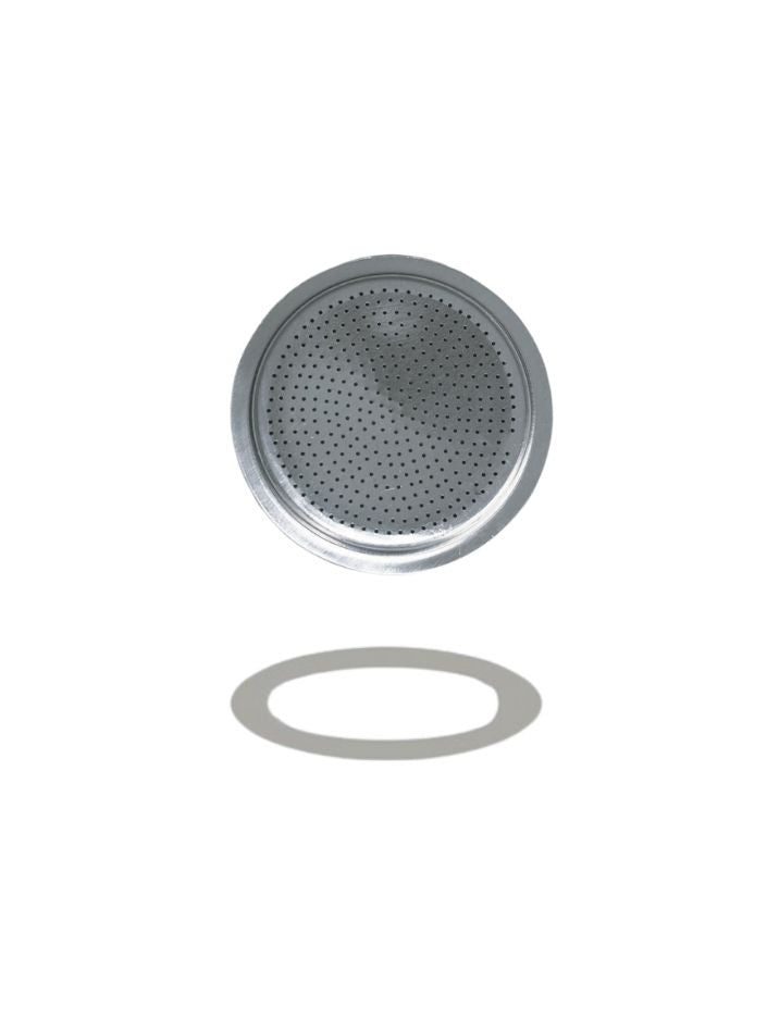 Turbo Moka 3-cup perforated aluminium filter plate and its silicone gasket on a white background