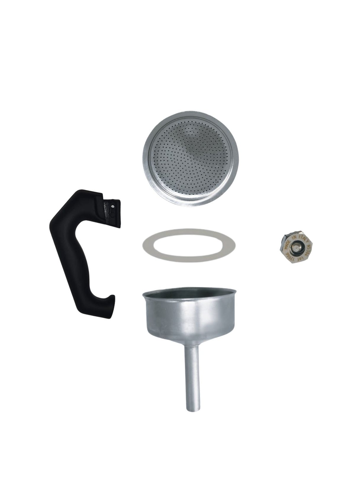 The Turbo Moka 3-cup spare parts laid out separately: perforated filter plate, silicone gasket, black handle, aluminium funnel and safety valve